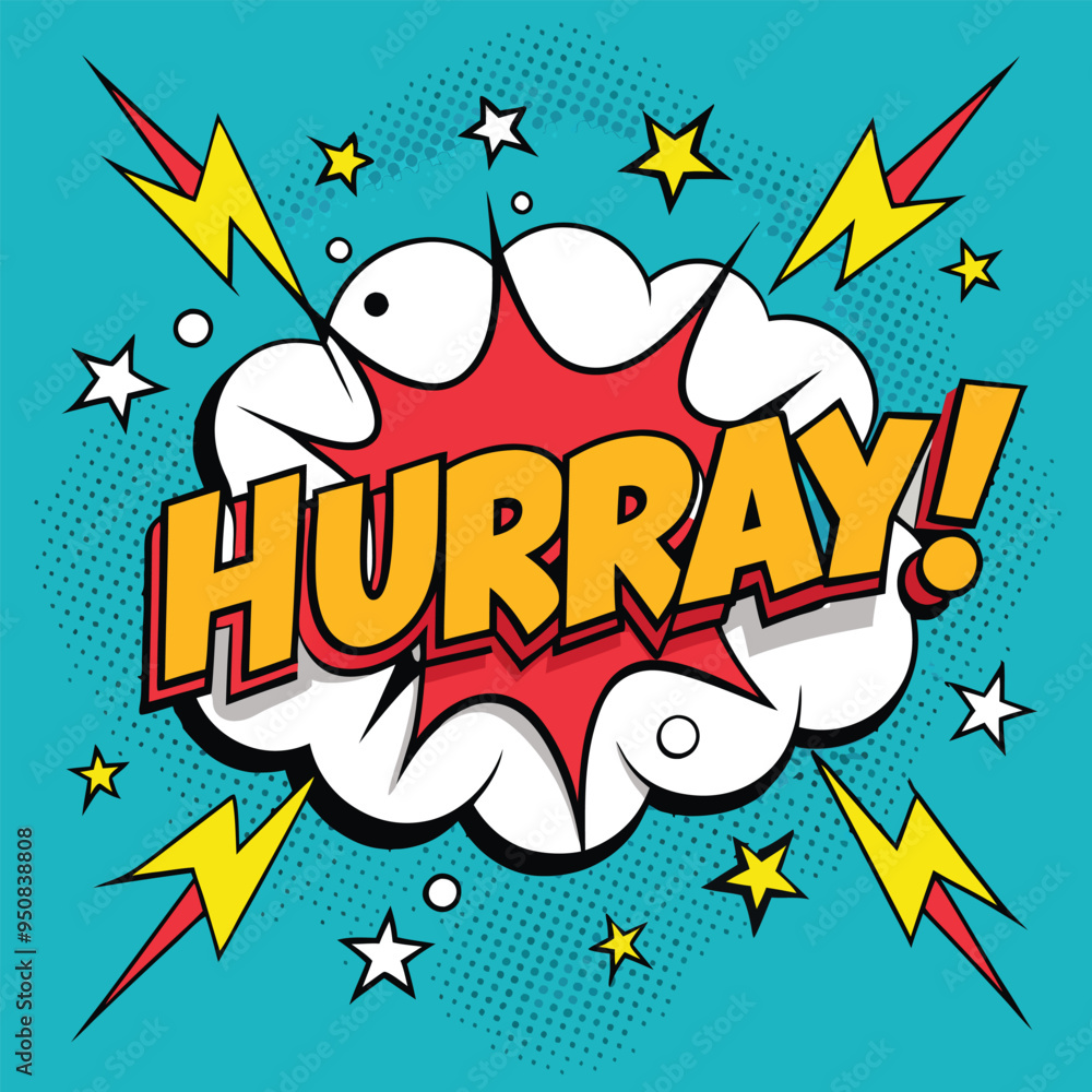 Vector Template in Comic Book-Style Illustration Featuring 'Hurray!' in Speech Bubbles, Thunder Sign, and Bold Colors, Ideal for Retail and Online Shop Promotions Vector Template in Comic Book-Style Illustration Featuring 'Hurray!' in Speech Bubbles, Thunder Sign, and Bold Colors, Ideal for Retail and Online Shop Promotions