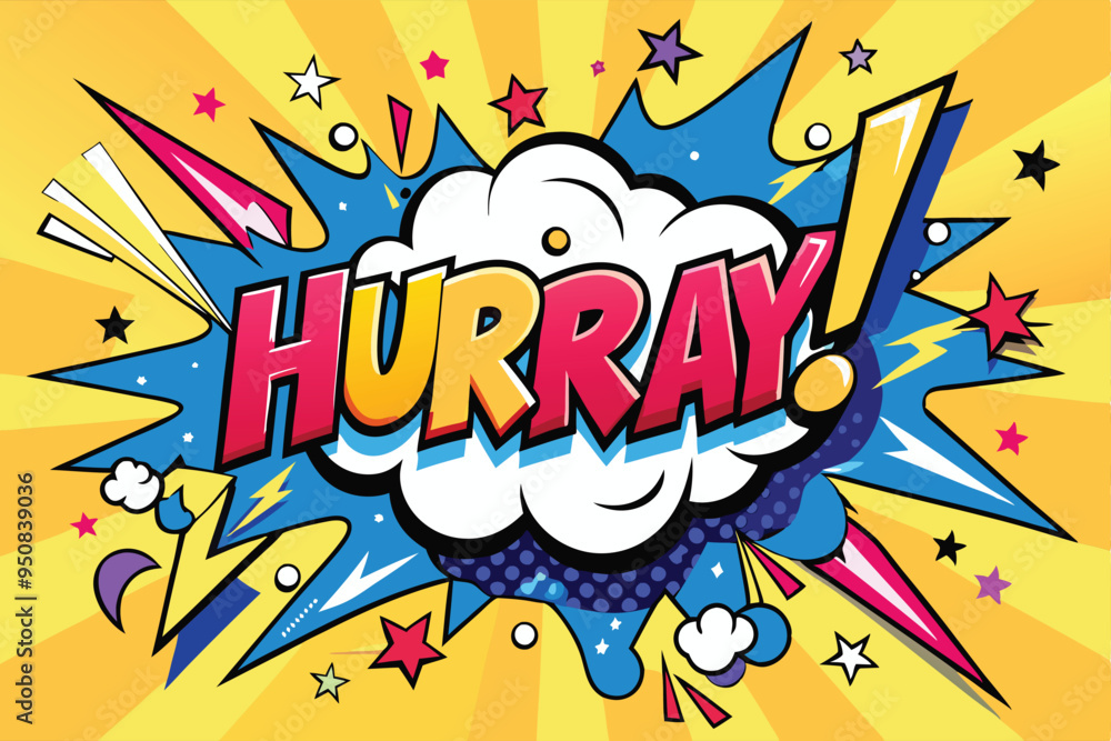 Vector Template in Comic Book-Style Illustration Featuring 'Hurray!' in Speech Bubbles, Thunder Sign, and Bold Colors, Ideal for Retail and Online Shop Promotions Vector Template in Comic Book-Style Illustration Featuring 'Hurray!' in Speech Bubbles, Thunder Sign, and Bold Colors, Ideal for Retail and Online Shop Promotions