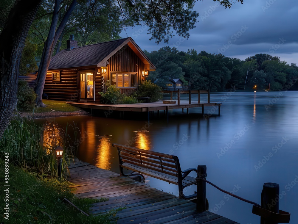 Lakeside cabin with a dock, serene and inviting, Nature, Soft greens, Photograph, Peaceful retreat Lakeside cabin with a dock, serene and inviting, Nature, Soft greens, Photograph, Peaceful retreat