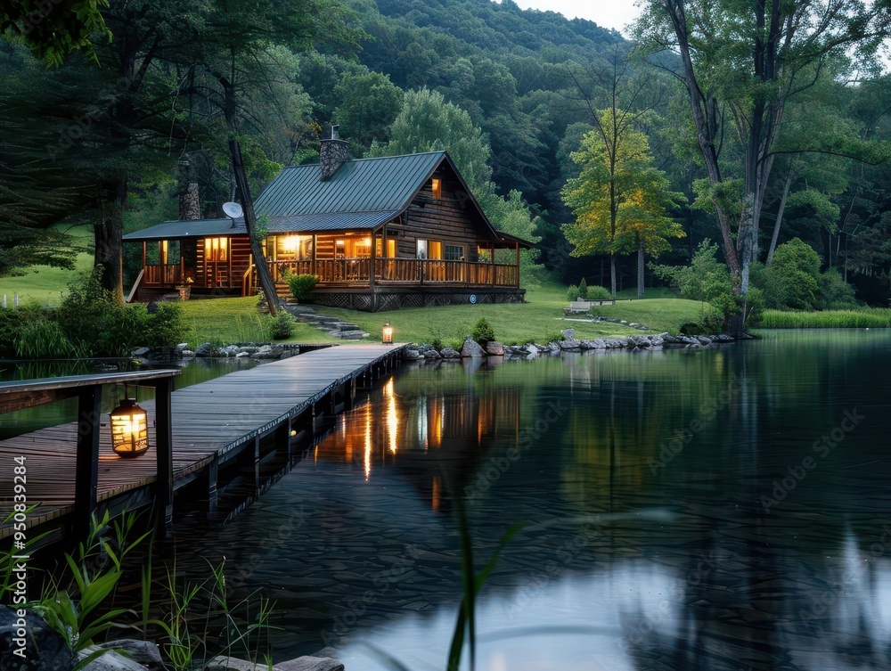 Lakeside cabin with a dock, serene and inviting, Nature, Soft greens, Photograph, Peaceful retreat Lakeside cabin with a dock, serene and inviting, Nature, Soft greens, Photograph, Peaceful retreat