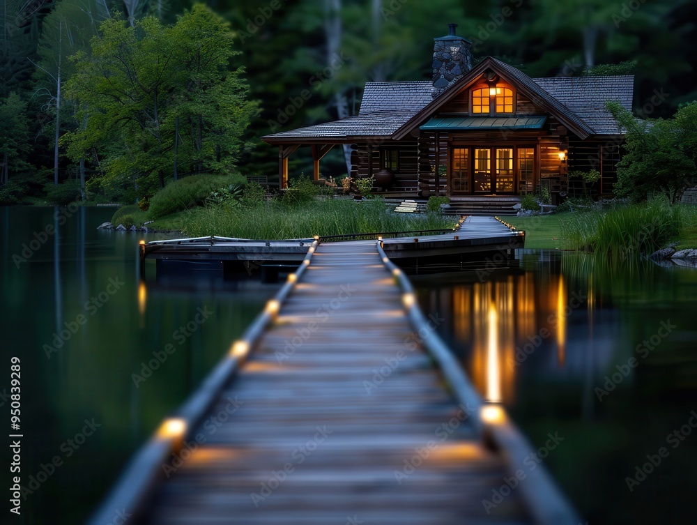 Lakeside cabin with a dock, serene and inviting, Nature, Soft greens, Photograph, Peaceful retreat Lakeside cabin with a dock, serene and inviting, Nature, Soft greens, Photograph, Peaceful retreat