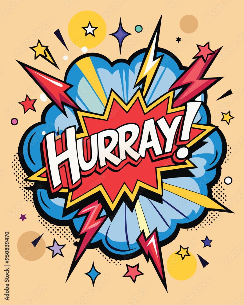 Vector Template in Comic Book-Style Illustration Featuring 'Hurray!' in Speech Bubbles, Thunder Sign, and Bold Colors, Ideal for Retail and Online Shop Promotions Vector Template in Comic Book-Style Illustration Featuring 'Hurray!' in Speech Bubbles, Thunder Sign, and Bold Colors, Ideal for Retail and Online Shop Promotions