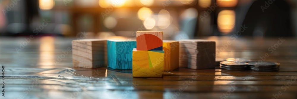 Market Share Growth and Profit Increase through Market Penetration and Expansion Strategies, Featuring Wooden Cubes and a Pie Chart Representing Market Share Percentages, Accompanied by a Blurred Market Share Growth and Profit Increase through Market Penetration and Expansion Strategies, Featuring Wooden Cubes and a Pie Chart Representing Market Share Percentages, Accompanied by a Blurred