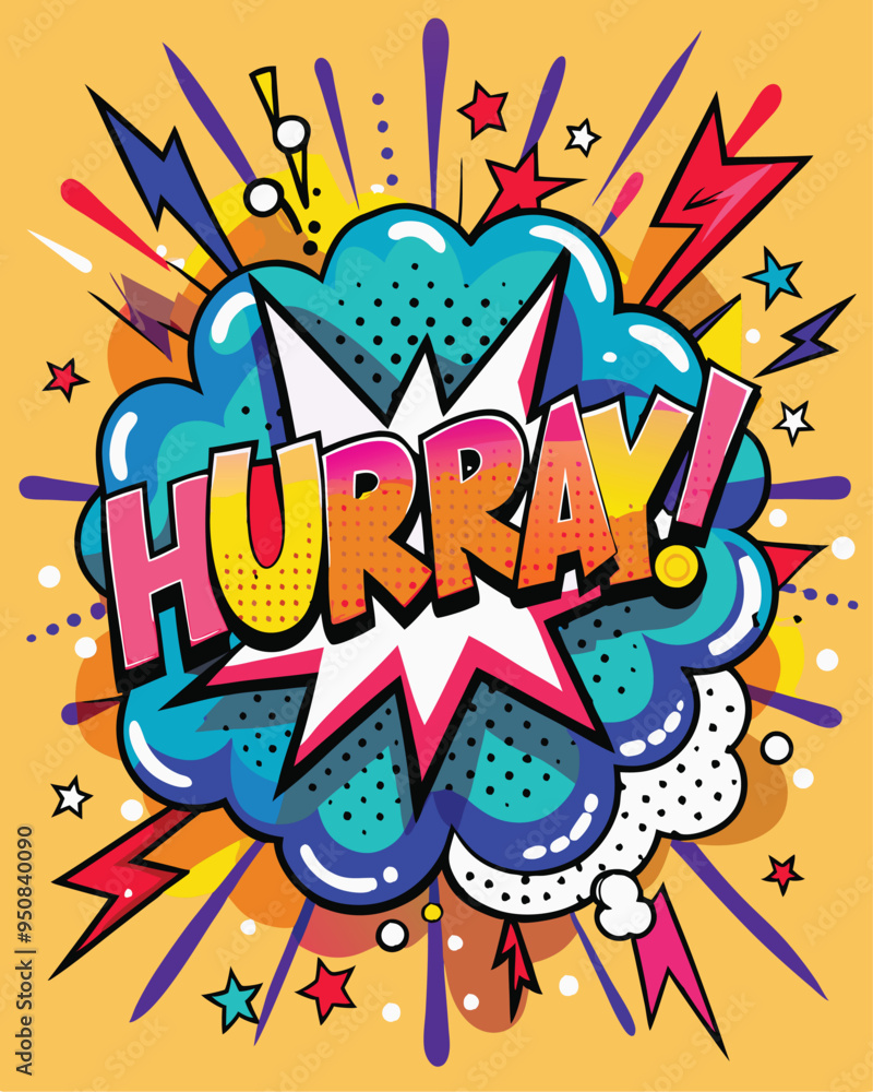 Vector Template in Comic Book-Style Illustration Featuring 'Hurray!' in Speech Bubbles, Thunder Sign, and Bold Colors, Ideal for Retail and Online Shop Promotions Vector Template in Comic Book-Style Illustration Featuring 'Hurray!' in Speech Bubbles, Thunder Sign, and Bold Colors, Ideal for Retail and Online Shop Promotions