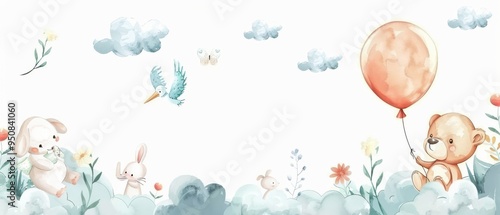Whimsical watercolor illustration border, ideal for children’s textiles or playful designs.