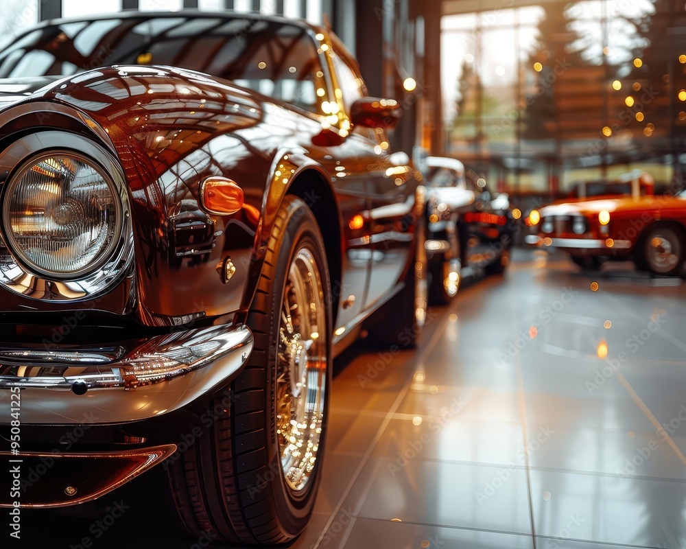 Fototapeta premium Retro cars in a classic showroom, nostalgic and stylish, Vintage, Earth tones, Photograph, Automotive history