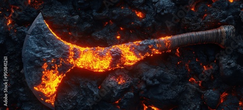 An axe with a blade made of molten lava photo