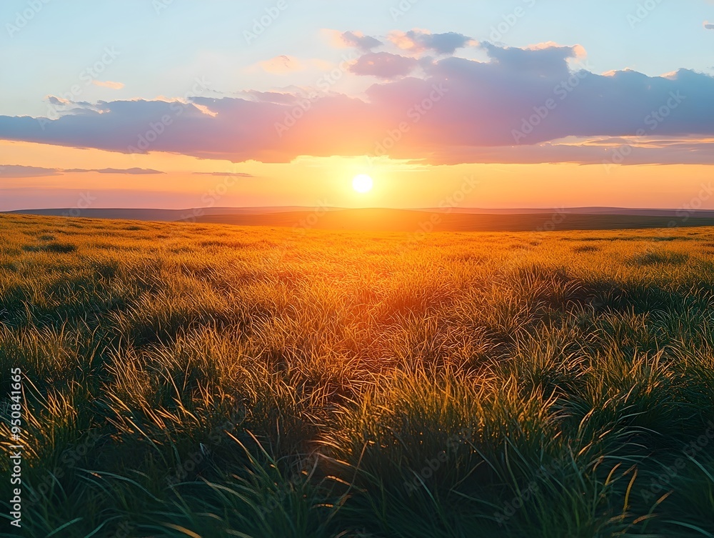 Naklejka premium Golden sunset over a vast field of tall grass, casting long shadows and creating a warm, peaceful atmosphere.