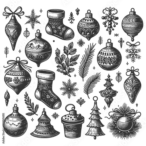 Christmas ornaments and decorations, baubles, stockings, bells, festive foliage, holiday theme sketch engraving generative ai vector illustration. Scratch board imitation. Black and white image.