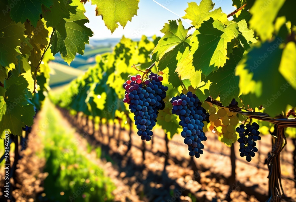 Fototapeta premium vibrant grape vines weaving across lush rolling hills under bright blue sky sunlight filtering through leaves, agriculture, farmland, landscape, field, flora