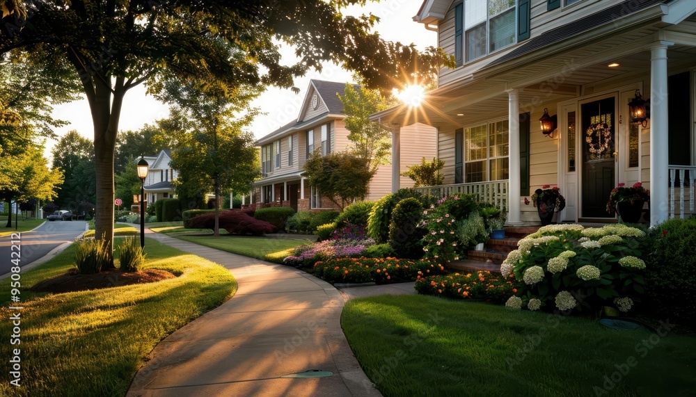 Fototapeta premium Suburban homes in a treelined street, peaceful and inviting, Urban, Soft greens, Photograph, Residential charm