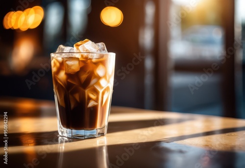 refreshing iced coffee clear glass ice cubes cream swirls perfect summer beverage experience, refreshment, drink, cold, brown, liquid, froth, delicious, sweet