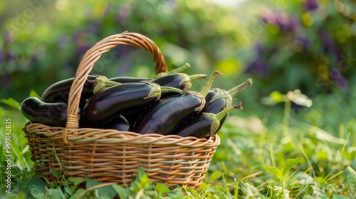 A wicker basket filled with fresh, glossy eggplants sits on green grass. This vibrant and natural scene captures the essence of organic farming and gardening. Perfect for culinary themes. AI