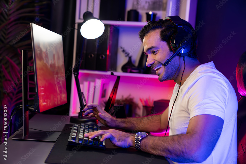 Smart gaming streamer enjoy playing battle team with streaming online shooting gun game with multi or single player at warship on pc screen, wearing headset at digital neon light cyber room. Surmise. Smart gaming streamer enjoy playing battle team with streaming online shooting gun game with multi or single player at warship on pc screen, wearing headset at digital neon light cyber room. Surmise.