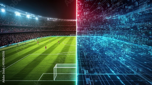 A dynamic split-image showcasing a football stadium alongside a futuristic digital interface, symbolizing the intersection of sports and technology.