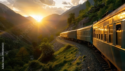 Train journey through scenic landscapes, serene and picturesque, Rural, Soft greens, Photograph, Travel adventure photo