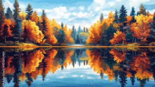 Vibrant Autumn Foliage Reflected in Still Lake with Pine Trees and Cloudy Sky