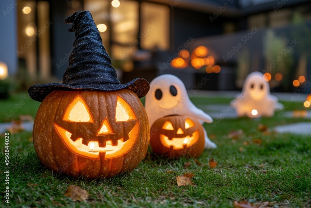 Naklejka premium Playful Spirits, a whimsical scene of friendly ghosts and witches joyfully engaging in games under a moonlit sky filled with stars.