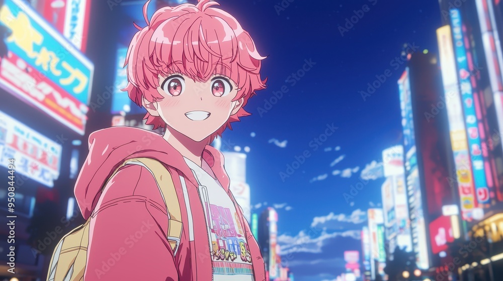 Fototapeta premium Anime Boy Smiling in Neon Cityscape