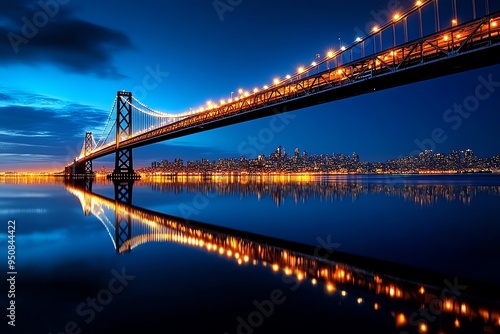 Bridge Panoramic, Nighttime, and Landmark shown in a nighttime scene where a famous bridge is illuminated, its reflection shimmering in the water below, with city lights twinkling in the distance