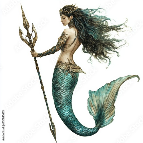 Tattoo of mythical mermaid holding a trident, showcasing fantasy art. photo