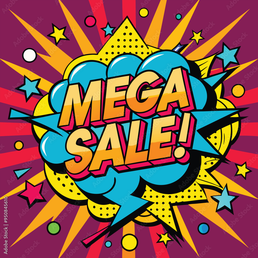 Vector Template in Comic Book-Style Illustration Featuring 'Mega Sale!' in Speech Bubbles, Thunder Sign, and Bold Colors, Perfect for Retail and Online Shop Promotions Vector Template in Comic Book-Style Illustration Featuring 'Mega Sale!' in Speech Bubbles, Thunder Sign, and Bold Colors, Perfect for Retail and Online Shop Promotions