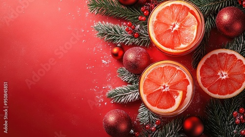 Festive Holiday Drink with Grapefruit and Christmas Decorations on Red Background photo