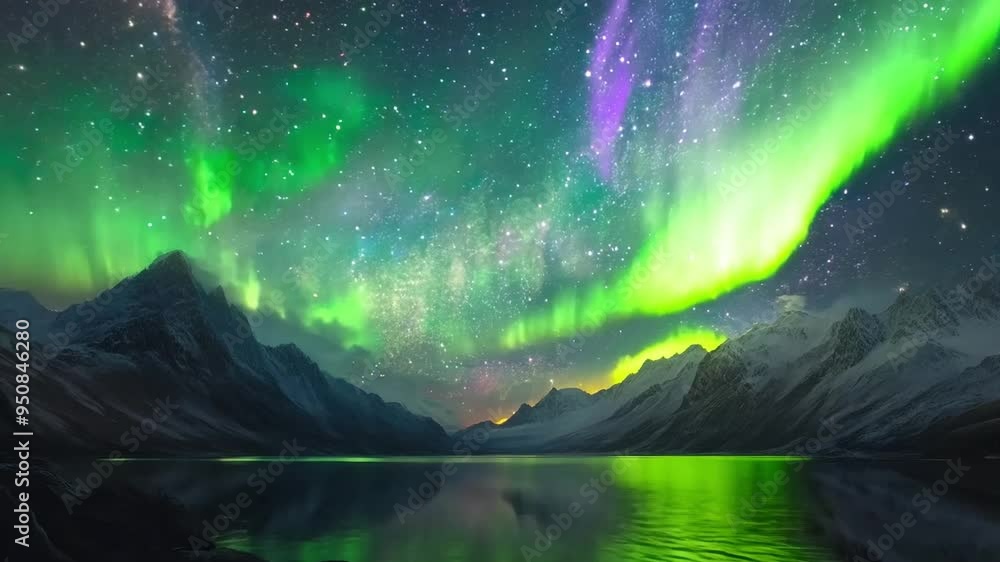 A vibrant display of northern lights dances across the dark sky, casting a green glow above rugged mountains while reflecting on a calm lake at twilight. A vibrant display of northern lights dances across the dark sky, casting a green glow above rugged mountains while reflecting on a calm lake at twilight.