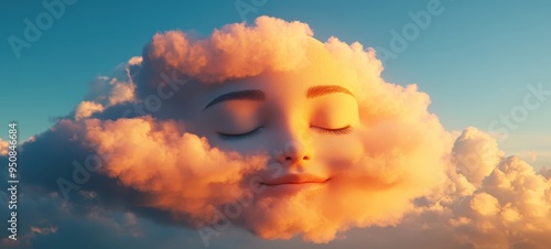 A cloud in the shape of a sleeping face emoji, with closed eyes and a serene smile photo