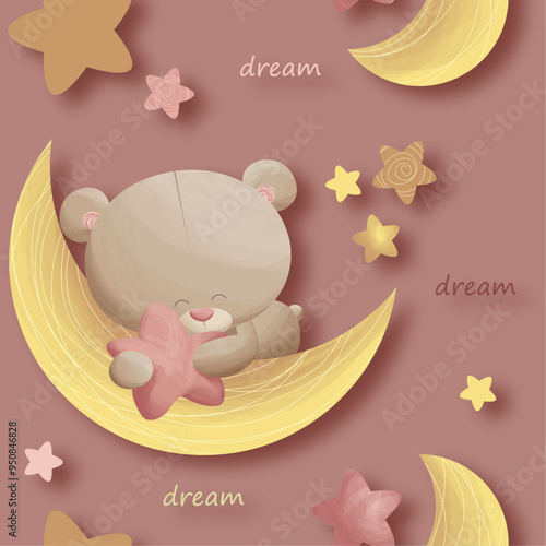 Children seamless patterns with cute bear, stars and moon. Can be used as background, wallpaper, print temlate etc.