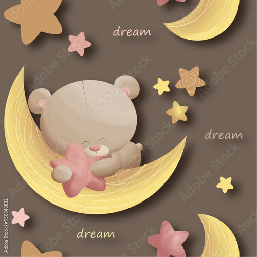 Children seamless patterns with cute bear, stars and moon. Can be used as background, wallpaper, print temlate etc.