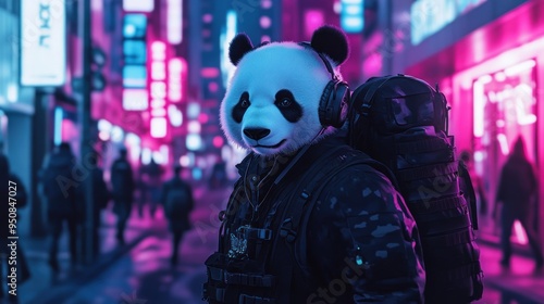 A Panda Wearing Headphones and a Backpack in a Neon City