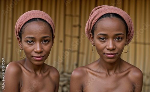 Portrait de deux belles jeunes femmes africaines, parées de coiffes rose pastel, révèle une complicité douce et naturelle. Leurs regards lumineux et leurs sourires délicats dégagent une élégance photo