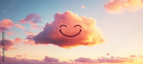 A cumulus cloud in the shape of a grinning face emoji with a big, toothy smile photo