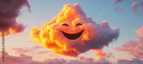 A cumulus cloud in the shape of a grinning face emoji with a big, toothy smile photo