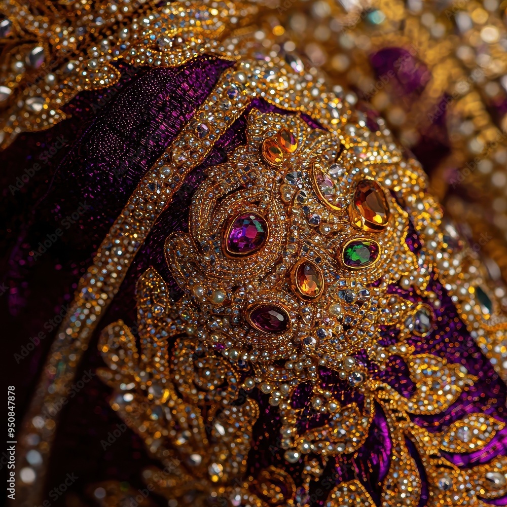 Close up of Purple and Gold Fabric with Gems and Rhinestones Close up of Purple and Gold Fabric with Gems and Rhinestones