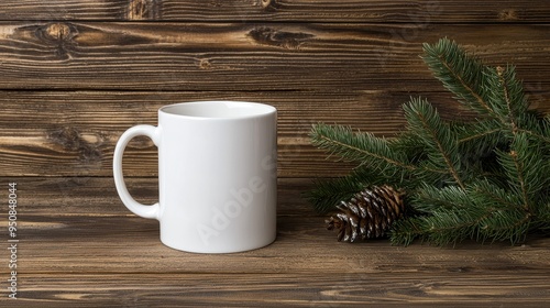 White Mug on Rustic Wooden Background with Pine Branch and Cone