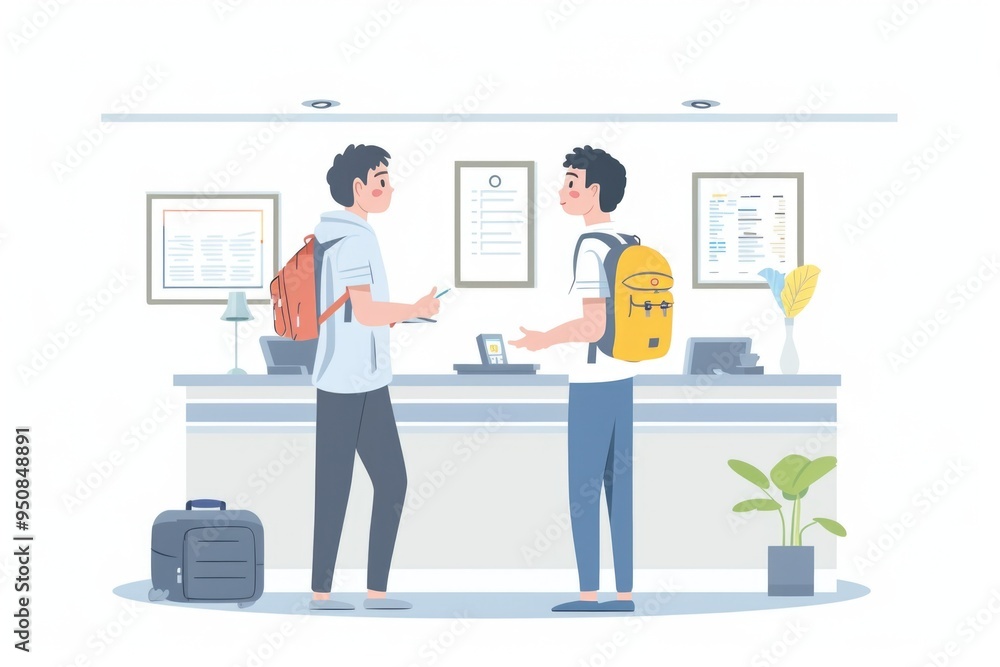 Two passengers waiting at the airport check-in desk Two passengers waiting at the airport check-in desk