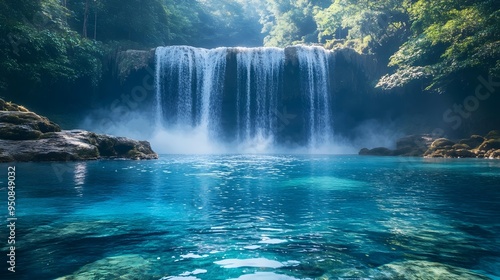A cascading waterfall plunges into a crystal-clear pool, surrounded by lush greenery. The sunlight bathes the scene in a dreamy glow.
