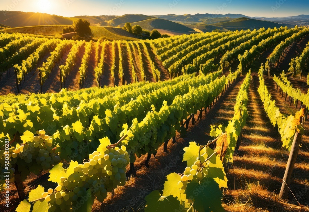 Fototapeta premium vibrant vineyard landscape showcasing glowing grape vines under clear sky lush green field, agriculture, grapevines, grapes, nature, farm, sunlight, rural
