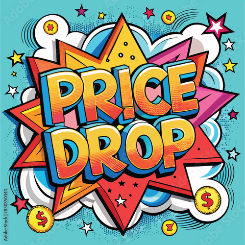 Vector Template in Comic Book-Style Illustration Featuring 'Price Drop!' in Speech Bubbles, Thunder Sign, and Bold Colors, Ideal for Retail and Online Shop Promotions