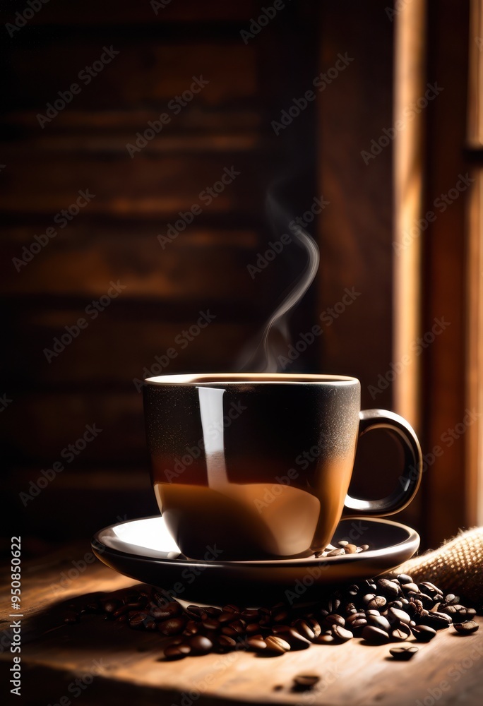 Fototapeta premium stylish modern coffee cup resting textured wooden surface creating warm inviting atmosphere, barista, brew, beverage, espresso, drink, mug, saucer, ceramic