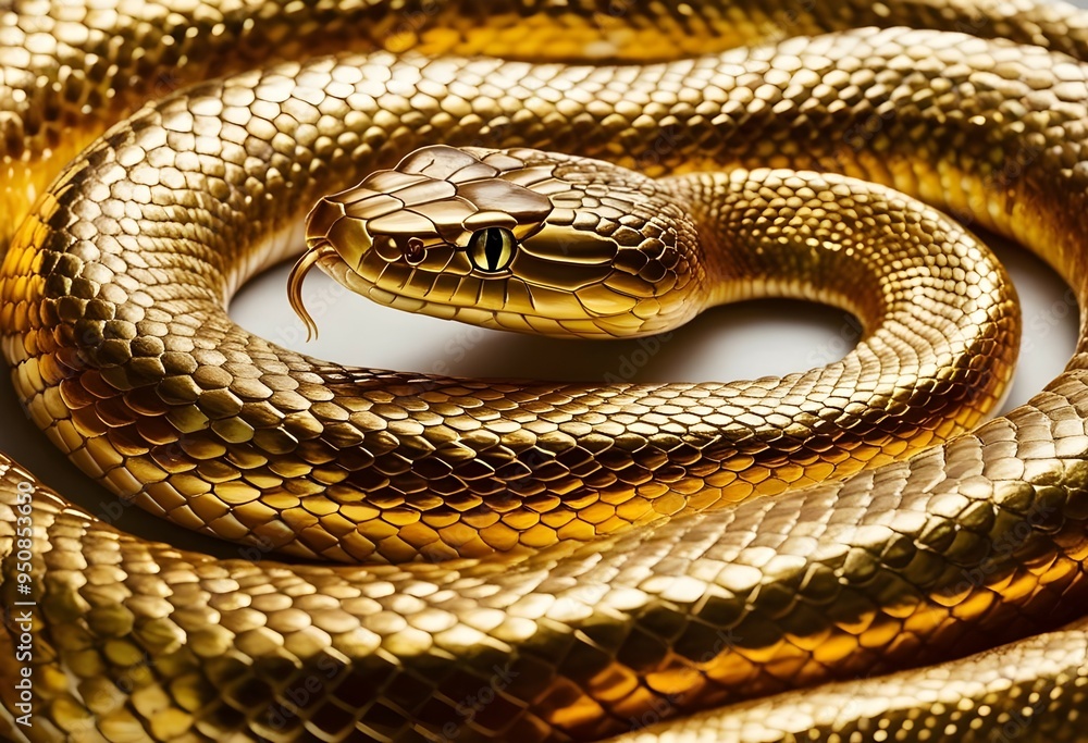Fototapeta premium coiled golden snake against a stark white background