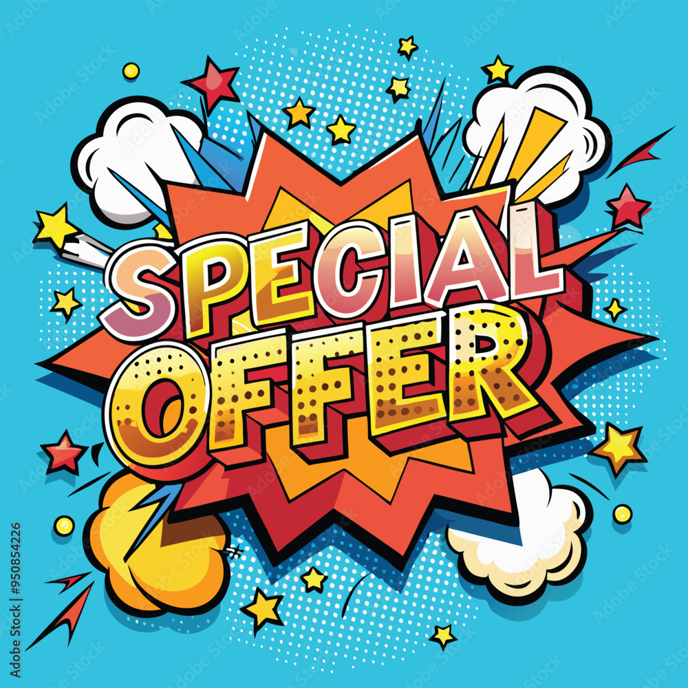 Fototapeta premium Vector Template in Comic Book-Style Illustration Featuring 'Special Offer!' in Speech Bubbles, Thunder Sign, and Bold Colors, Perfect for Retail and Online Shop Promotions