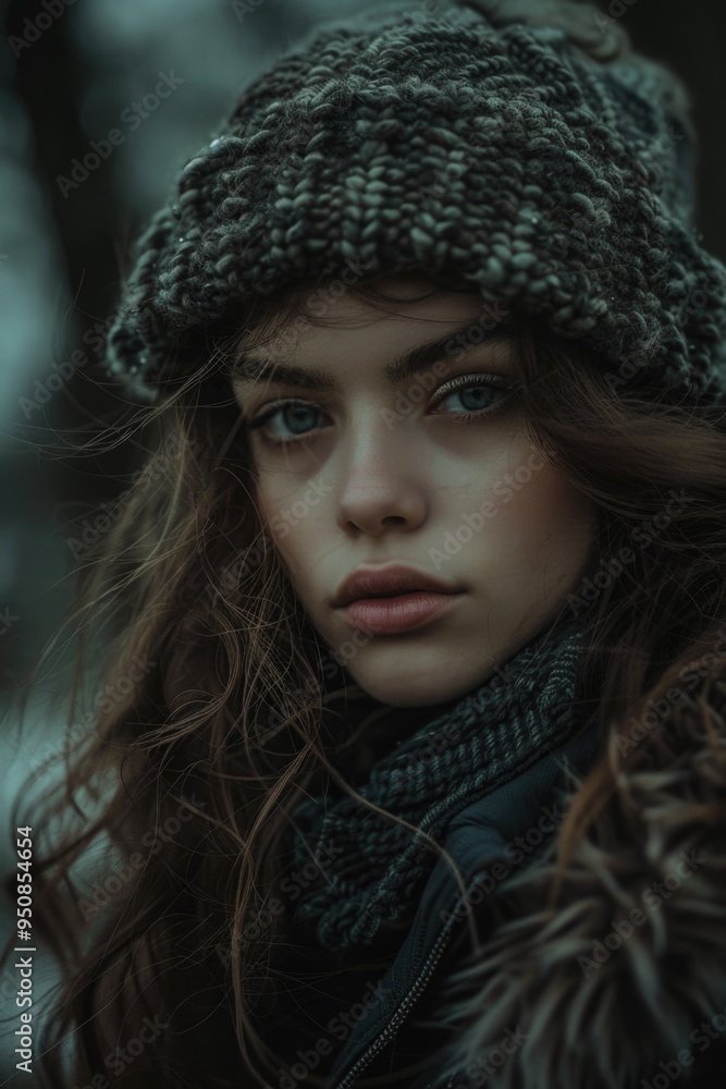 A woman with long hair wearing a hat and scarf, great for fashion or lifestyle themes A woman with long hair wearing a hat and scarf, great for fashion or lifestyle themes