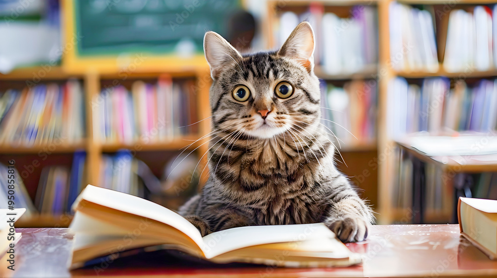 Curious and Intelligent Tabby Cat Sitting on Desk Studying and Reading a Book in a Classroom Setting with Bookshelves in the Background Curious and Intelligent Tabby Cat Sitting on Desk Studying and Reading a Book in a Classroom Setting with Bookshelves in the Background