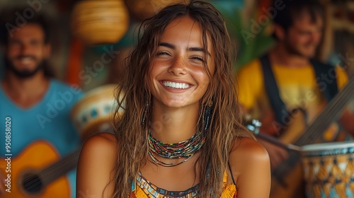 Portrait of a beautiful young hippie woman with her friends background, International Music Day