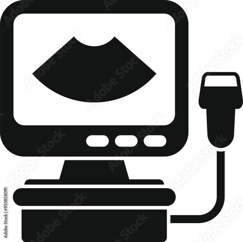Black and white icon of a sonography machine displaying a fetus, ideal for representing prenatal care and diagnostics