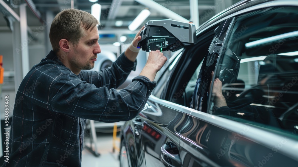 Car factory engineer using digital tablet computer on autonomous vehicle production line Car factory engineer using digital tablet computer on autonomous vehicle production line