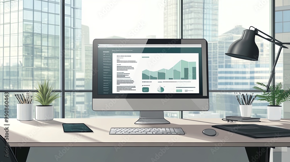 Fototapeta premium Strategic Online Marketing Campaign: Modern Office Desk with Computer Monitor, Website Analytics, and Creative Space for Branding and Text